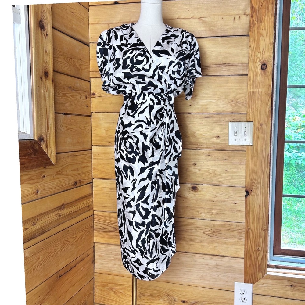 Vintage Wrap Midi Dress Women Small Black White Rose Jacquard Flutter Handmade